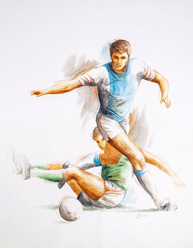Levendige Illustratie van twee voetbal spelers in actie - geschilderd met acryl op papier