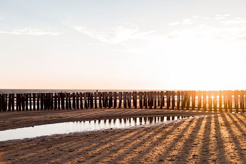 photo de plage capture la lumiere chaude d'un coucher de soleil poteaux en bois