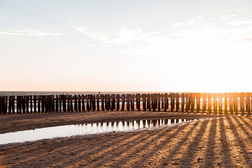 Strandfoto mit warme licht und strandhauser von Manon van Bochove