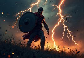 Guerrier avec bouclier pendant un orage sur Markus Gann