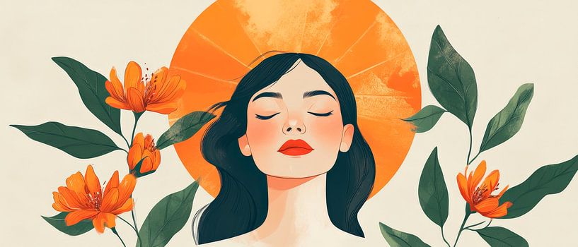 Frau mit Blumen und Sonnenkranz – Illustriert von Poster Art Shop