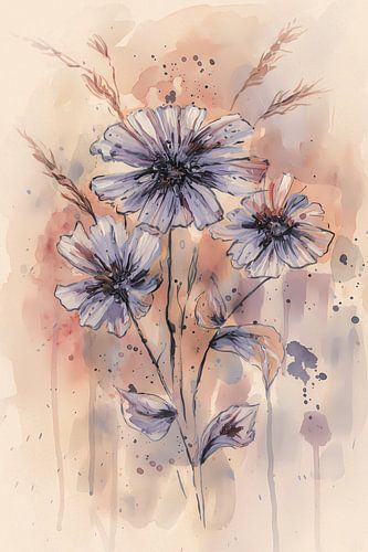Klassiek aquarel schilderij van veldbloemen in paars lila en blauw