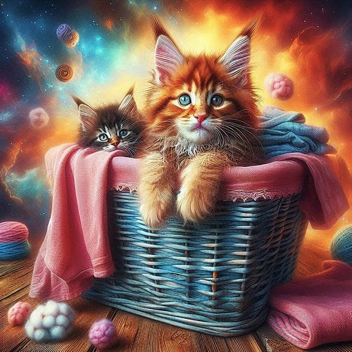maine coon kittens in een wasmand