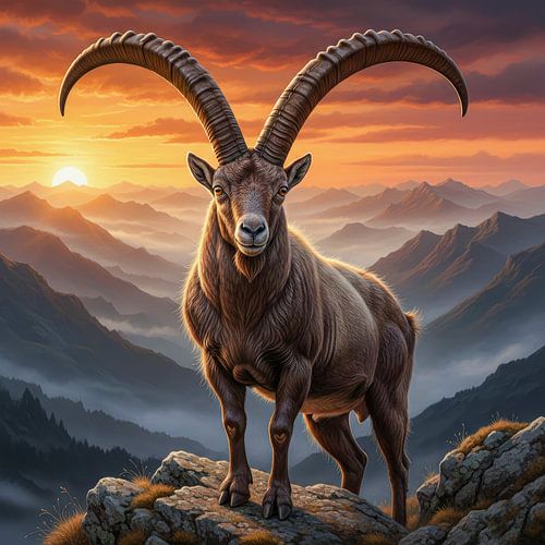 Alpensteenbok bij zonsondergang