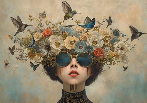 Portret met Bloemen en Vogels van Kunst Kriebels