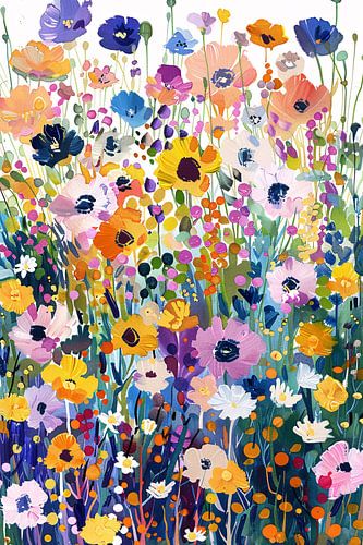 Kleurvol schilderij van bloemenveld in bloei