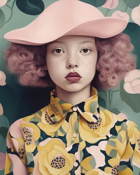 Modernes Porträt "Das Mädchen mit dem rosa Hut" von Carla Van Iersel