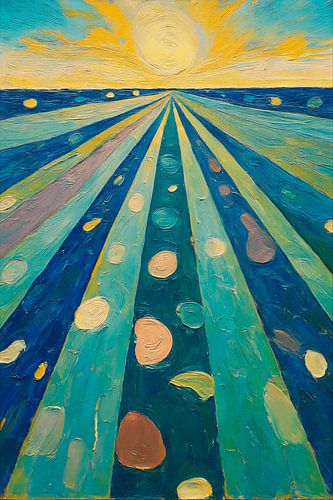 Moderne horizon met gele zon en blauwe banen van STUDIO ARTSY