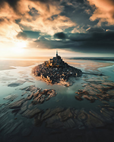 Abendstimmung mit Blick über eine Burg im Meer