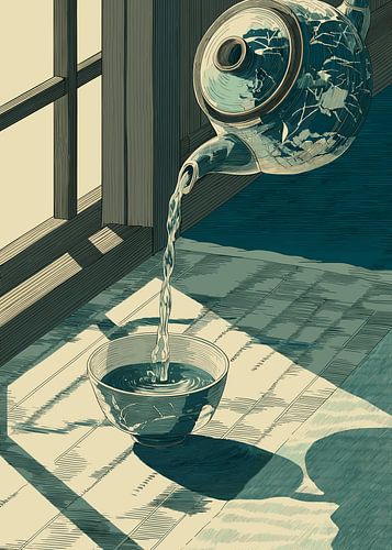 Theepot schenkt sake in een schaal