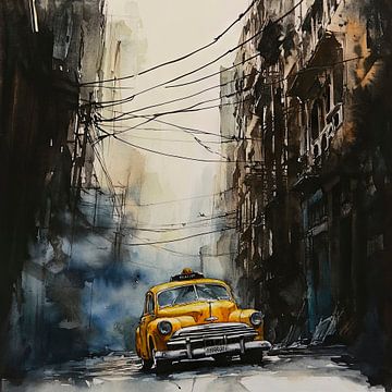 Gele taxi in het stadsbestuur van Poster Art Shop