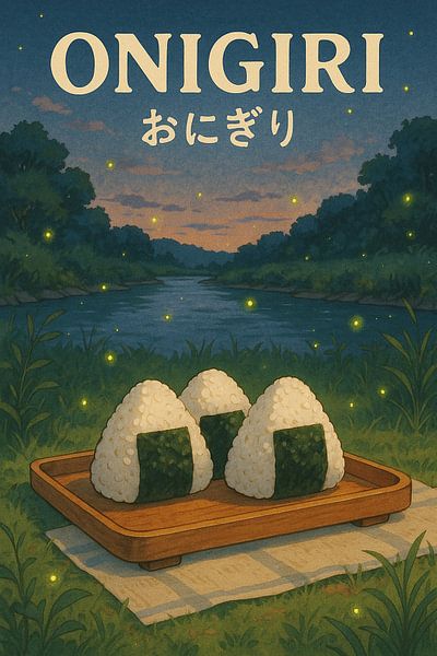Anime Style Onigiri Poster - Japanische Reiskugel Aquarell Kunst von Travel Shop