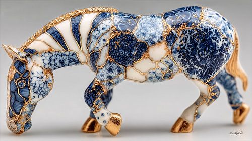 dier in delfts blauw en goud op een wit marmeren achtergrond