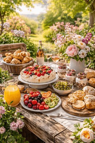 Elegante lentebrunch in een tuin op het Europese platteland