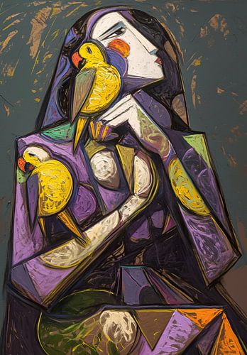 Frau und gelbe Vögel | Frau mit Vögeln