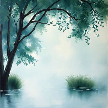 De fluisterende mist: een serene ochtendreflectie onder het blauwgroene bladerdak