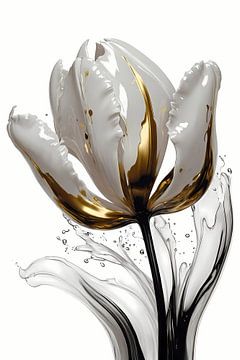 Abstrakte weiße und goldene Tulpe mit Tropfen von De Muurdecoratie