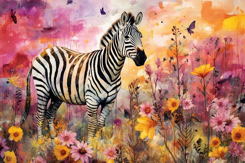 Zebra in Sea of Flowers by Wonderful Art