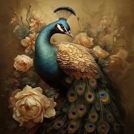 Raffinierter Pfau im Rahmen Golden Rose von Emil Husstege