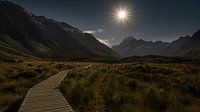 Wandeling bij volle maan bij Mount Cook / Aoraki, NZ, Nieuw-Zeeland