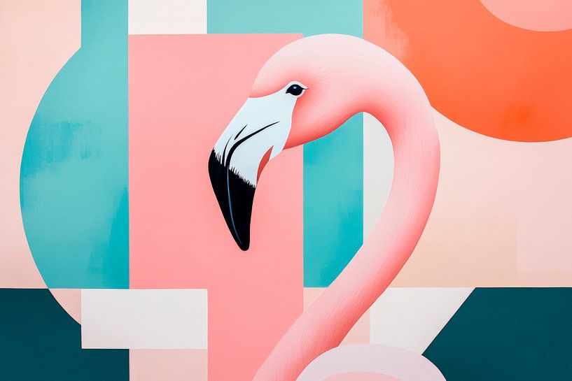 Flamingo in front of a geometric play of colours by Poster Art Shop