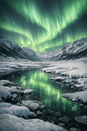 Danse magique des aurores boréales au-dessus d'une vallée montagneuse gelée – Reflet des aurores boréales dans le silence hivernal