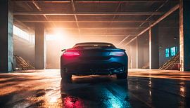 Zwarte raceauto in de garage