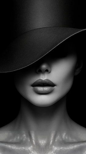 Black-and-white portrait of elegant woman with hat - Luxurious and mysterious wall decoration