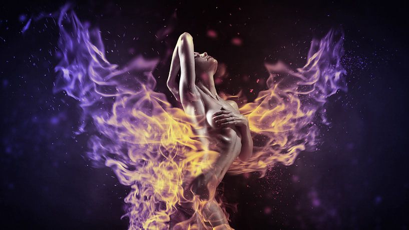Photo éditée d'une femme sexy nue en pinup avec des ailes de flammes par Atelier Liesjes