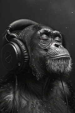 Schwarz-Weißes Affenporträt mit Kopfhörern in Nahaufnahme von Felix Brönnimann