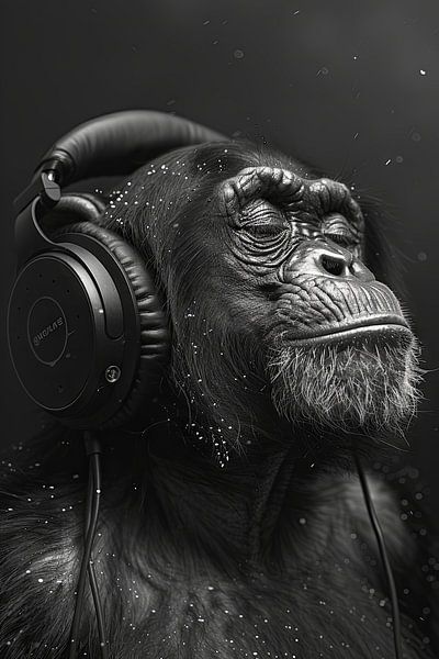 Black and white monkey portrait with headphones in close-up by Poster Art Shop