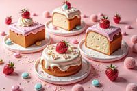 De délicieux gâteaux décorés de fraises et de glaçage sur fond rose.