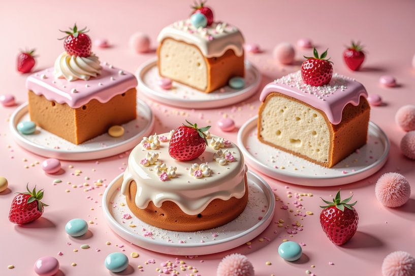 Delicious cakes decorated with strawberries and icing on pink ba by Markus Gann