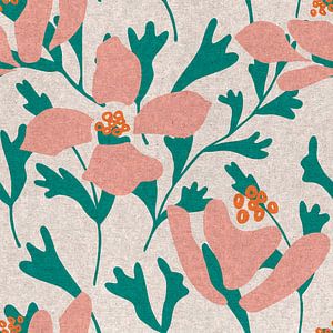 Retro botanische abstracte bloemen en bladeren in roze, groen en oranje van Dina Dankers