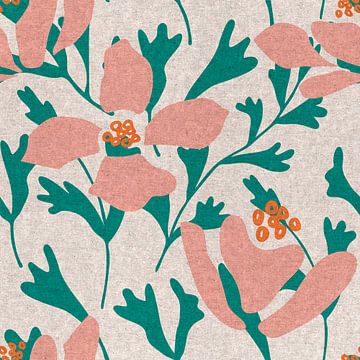 Retro botanical abstract flowers and leaves in pink, green and orange by Dina Dankers
