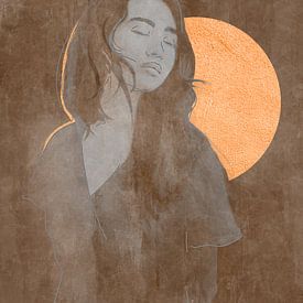 Silence nocturne - Portrait boho en dessin au trait d'une fille devant une lune dorée sur MadameRuiz