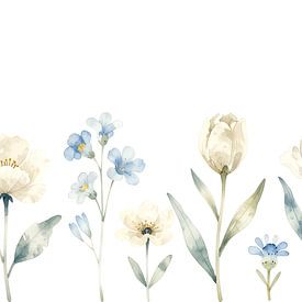 Blütenreihe – Wildblumen in Creme und Zartem Blau von Kristin M