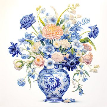 Blauw stenen vaas met bloemen boeket van Vlindertuin Art