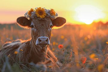 Sunset magic - Cow portrait in the sunflower field by Felix Brönnimann