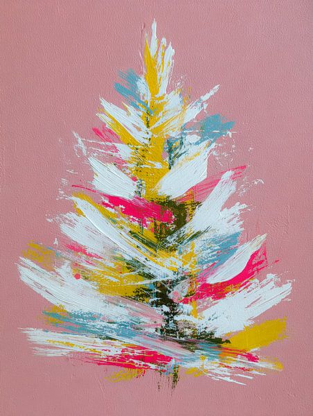 Abstrakter moderner Weihnachtsbaum in bunten Pinselstrichen auf rosa Hintergrund von But First Framing