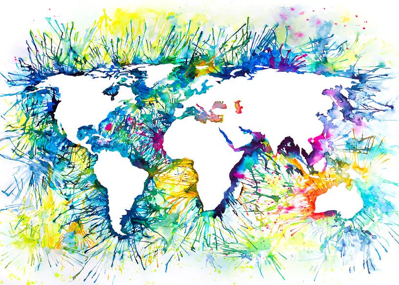 Wereldkaart Kleurrijk Abstract | Aquarel Schilderij van WereldkaartenShop