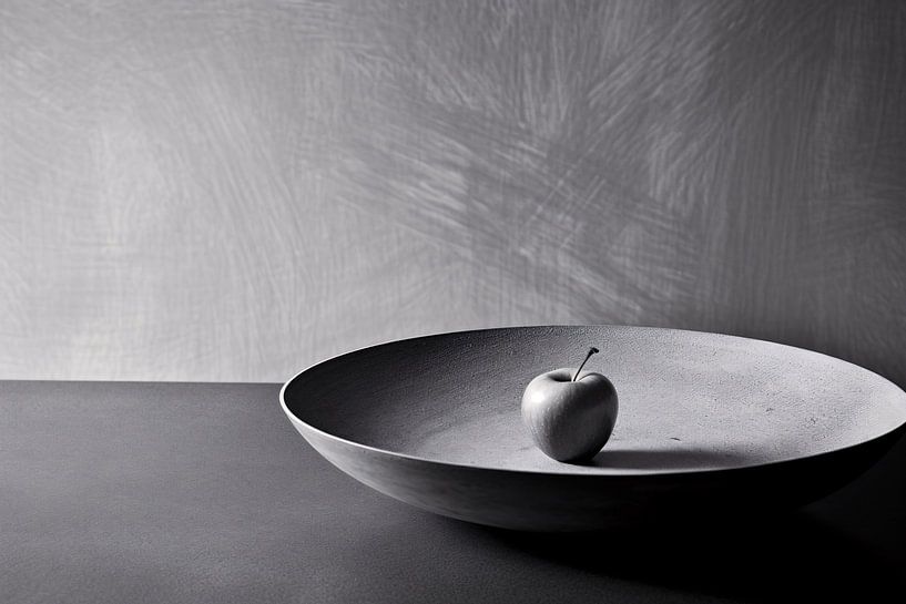 Schwarz-Weiß-Foto eines Apfels in einer Schale von Art & Soul Creations