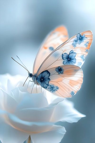 Delfts Blauwe Vlinder op Roos 2 van Studio Ypie