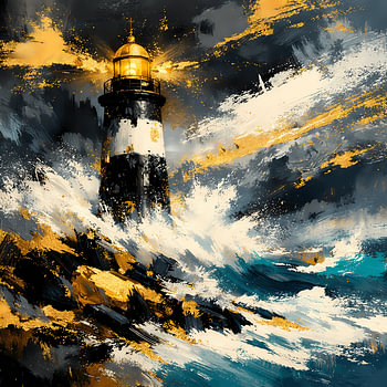 Golden Lighthouse Storm – Abstrakter Leuchtturm in tosender Gischt