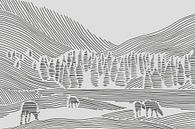 Veld met koeien tussen de bergen (abstract lijntekening landschap dieren natuur bos heuvels line art van Natalie Bruns thumbnail