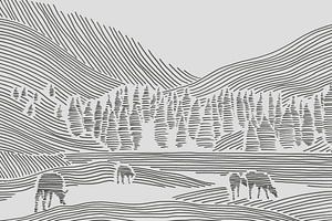 Champ avec vaches parmi les montagnes (dessin abstrait au trait paysage animaux nature forêt colline