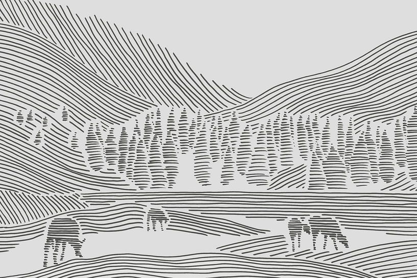 Veld met koeien tussen de bergen (abstract lijntekening landschap dieren natuur bos heuvels line art van Natalie Bruns