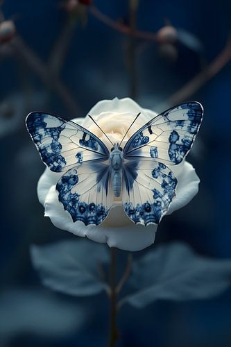 Delfts Blauwe Vlinder op Roos 1