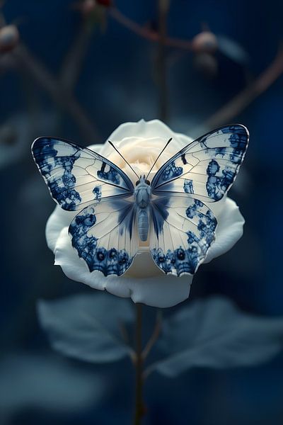 Delft Blue Butterfly on Rose 1 by Studio Ypie
