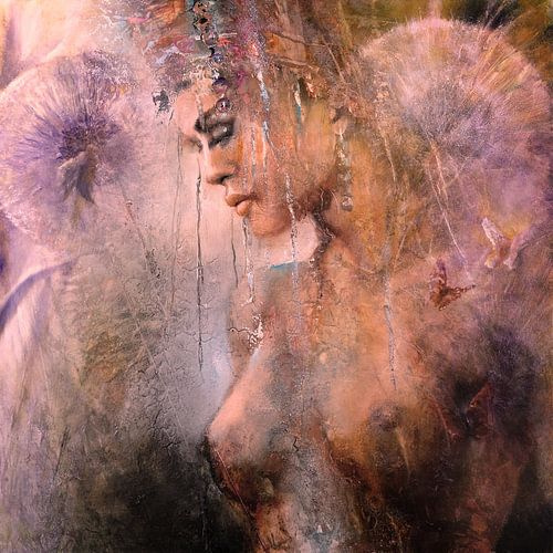 De koningin met paardebloemen in het roze licht